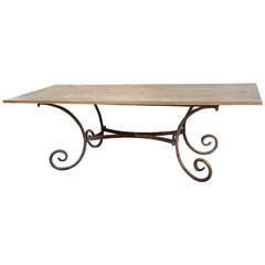 Used Indoor or Outdoor French Wrought Iron Table Base, Teak Top