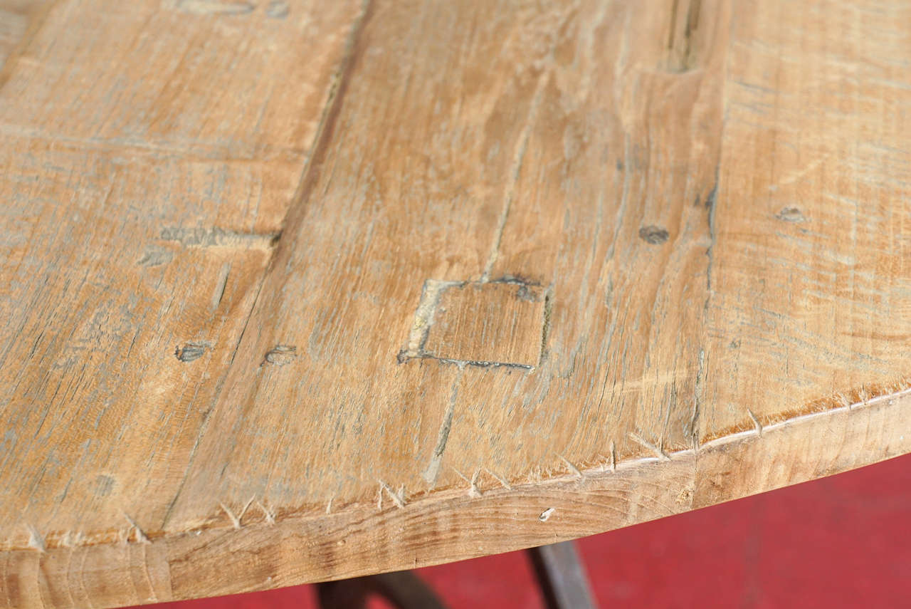 Rustic Outdoor or Indoor Round Teak Wood and Metal Base Dining Table at