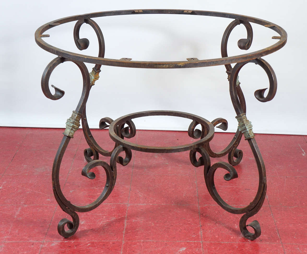 Rustic Outdoor or Indoor Round Teak Wood and Metal Base Dining Table at