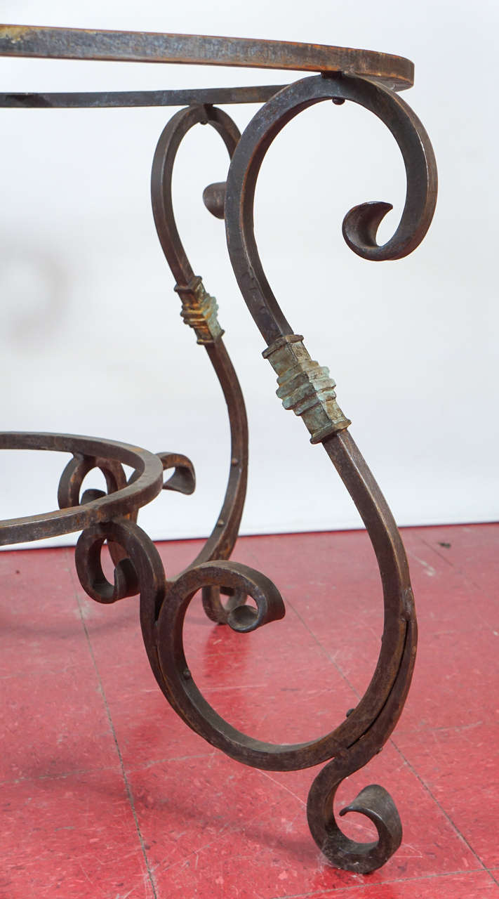 Rustic Outdoor or Indoor Round Teak Wood and Metal Base Dining Table at