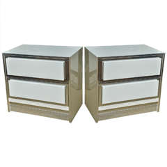Pair of Vintage White Lacquer Two-Drawer Nightstands with Chrome Trim