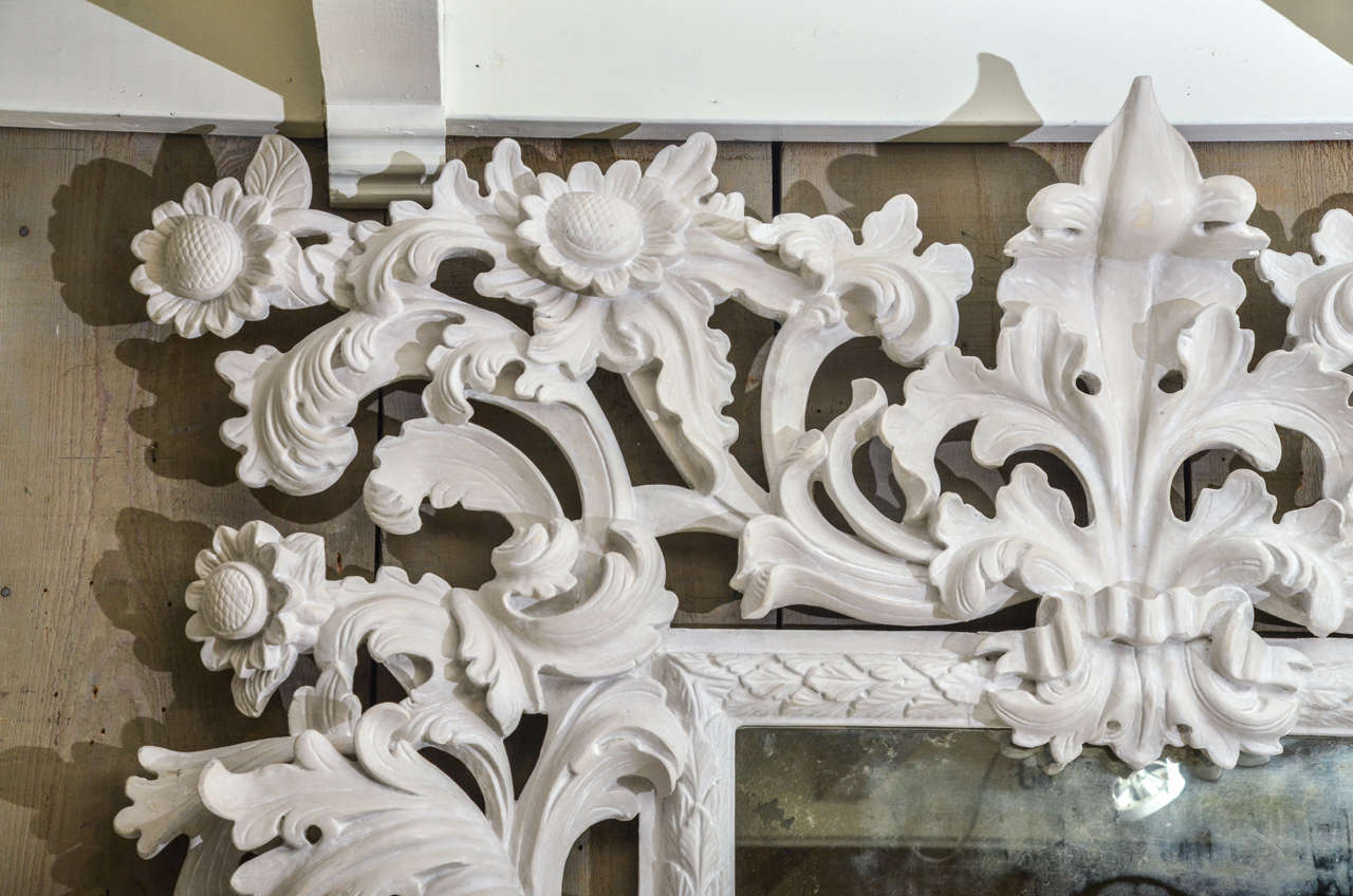 Magnificently Carved Console with White Marble Top and Matching Mirror In Excellent Condition In Water Mill, NY