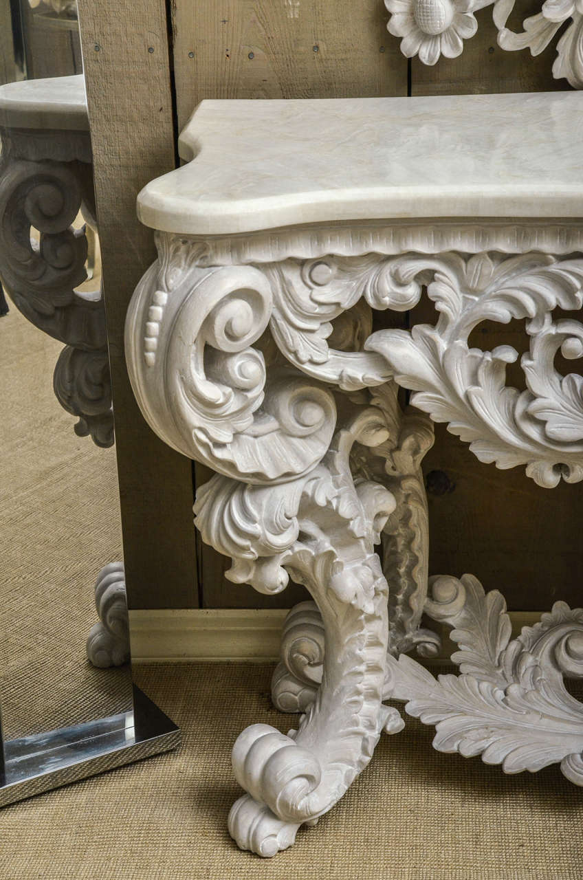 20th Century Magnificently Carved Console with White Marble Top and Matching Mirror