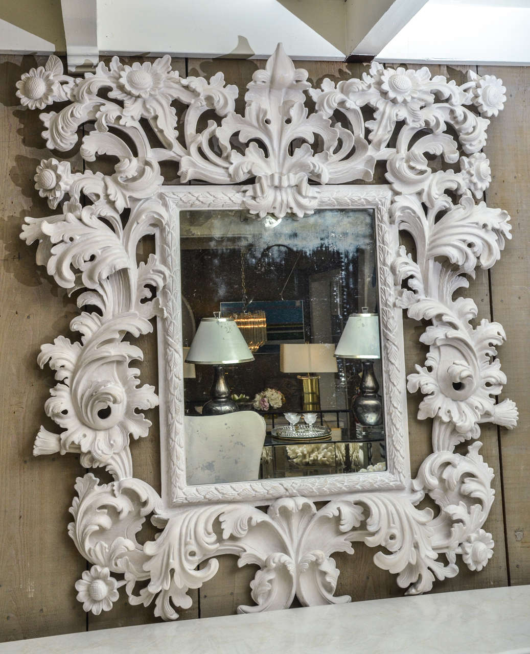 Magnificently Carved Console with White Marble Top and Matching Mirror 1