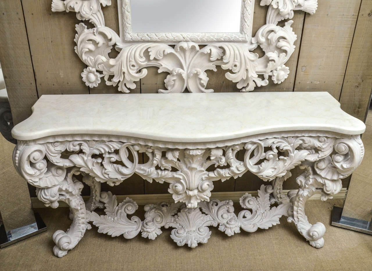 Magnificently Carved Console with White Marble Top and Matching Mirror 4