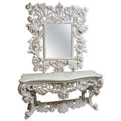 Magnificently Carved Console with White Marble Top and Matching Mirror
