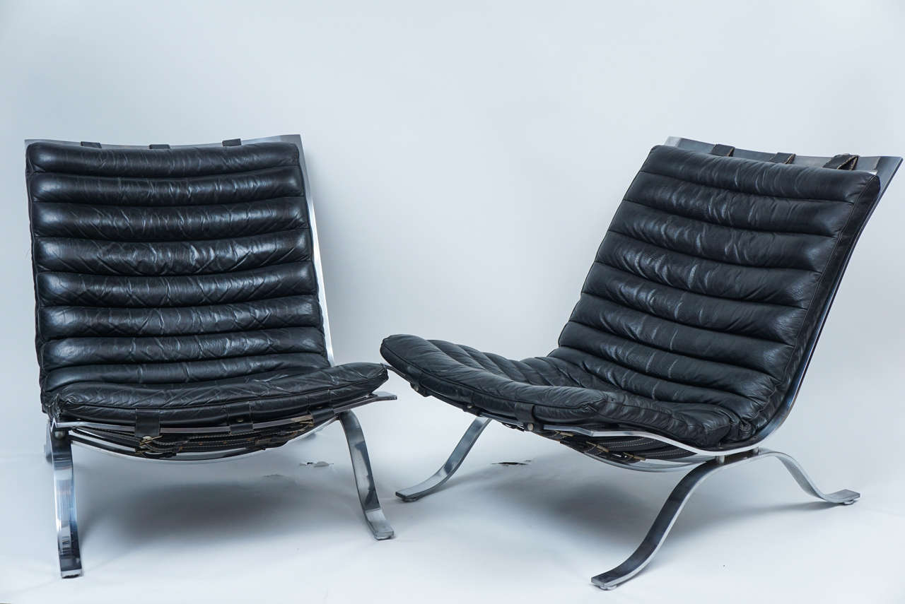 Pair of Black Leather Ari Chairs Attributed to Arne Norell