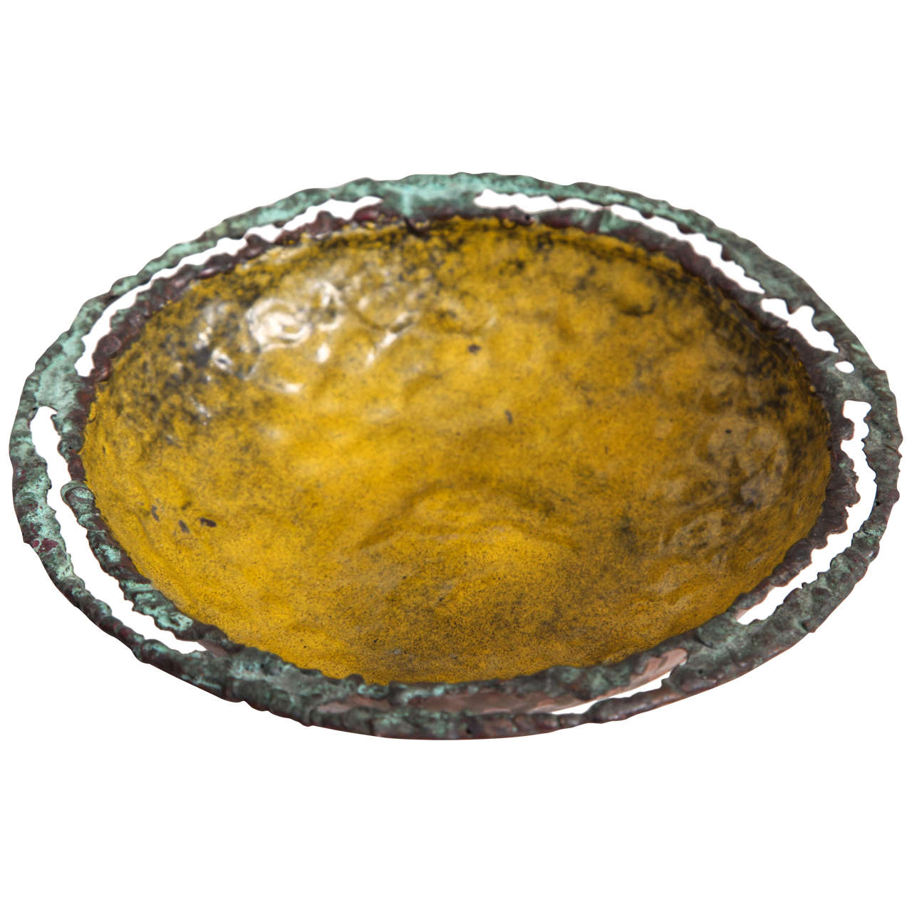 Marcello Fantoni
Hand-wrought copper bowl with a torch cut rim and yellow enameled interior.
Marked Fantoni Firenze Raymor, Italy
Italian, circa 1960.
