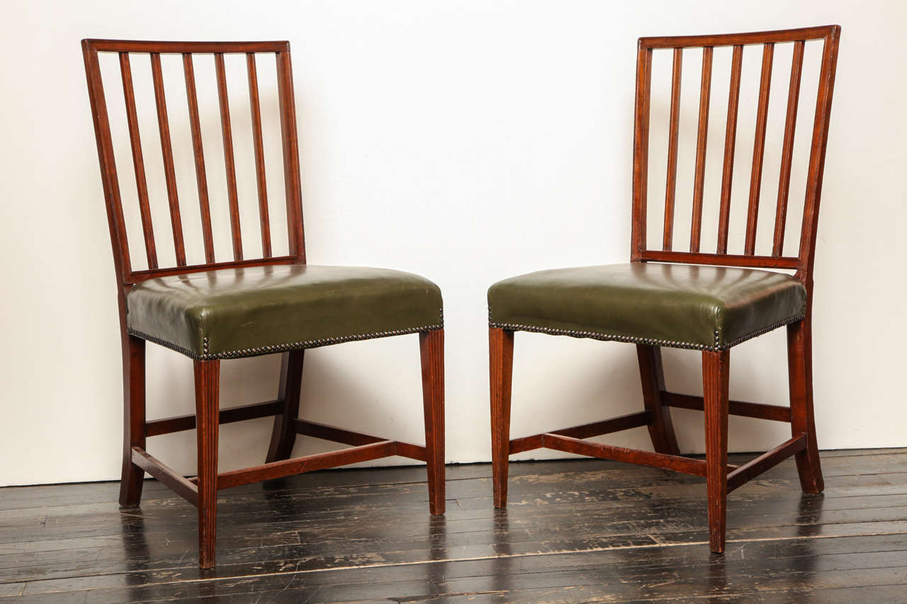 18th Century English George III Mahogany Side Chairs With Green Leather Seats