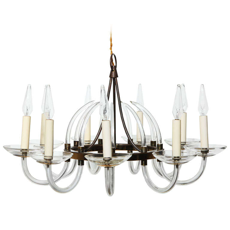 Marie Therese Style Nine Arm Scrolled Clear Crystal Candlestick Chandelier, 1940 For Sale