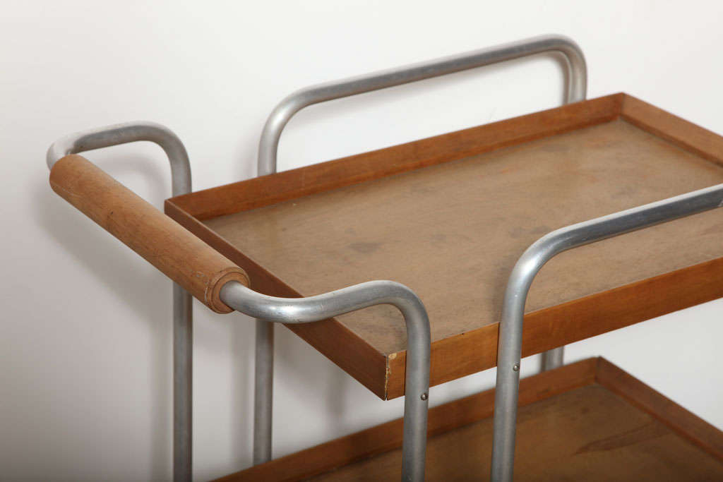 American 1930s, Bauhaus Birch and Aluminum Rolling Two-Shelf Beverage Serving Cart