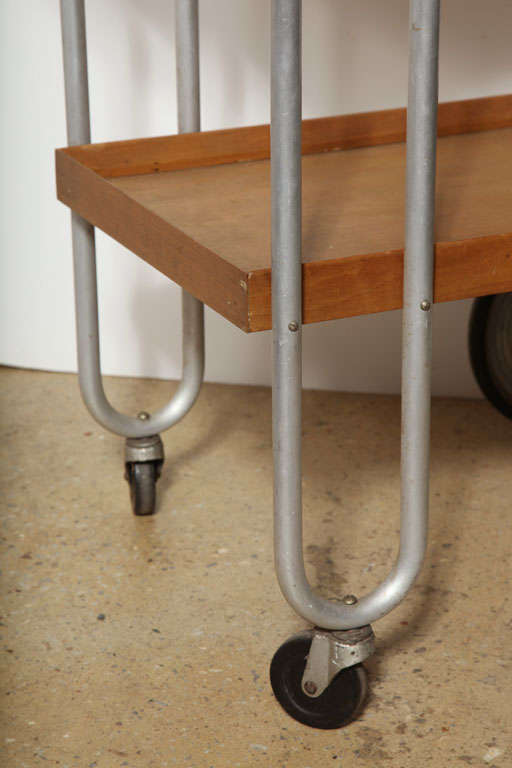 1930s, Bauhaus Birch and Aluminum Rolling Two-Shelf Beverage Serving Cart In Good Condition In Bainbridge, NY
