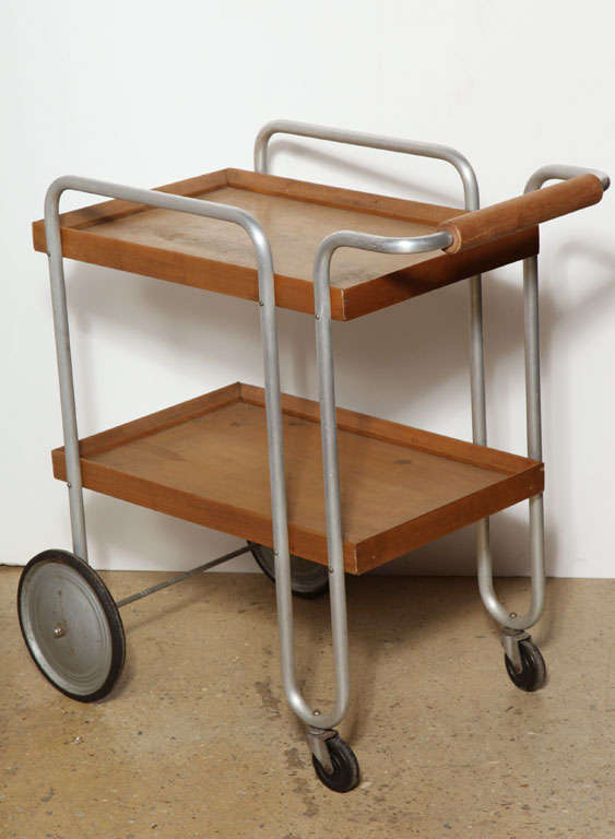 Mid-20th Century 1930s, Bauhaus Birch and Aluminum Rolling Two-Shelf Beverage Serving Cart
