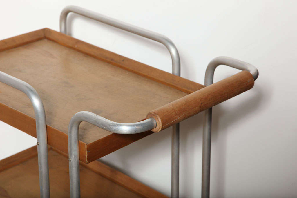 1930s, Bauhaus Birch and Aluminum Rolling Two-Shelf Beverage Serving Cart 1