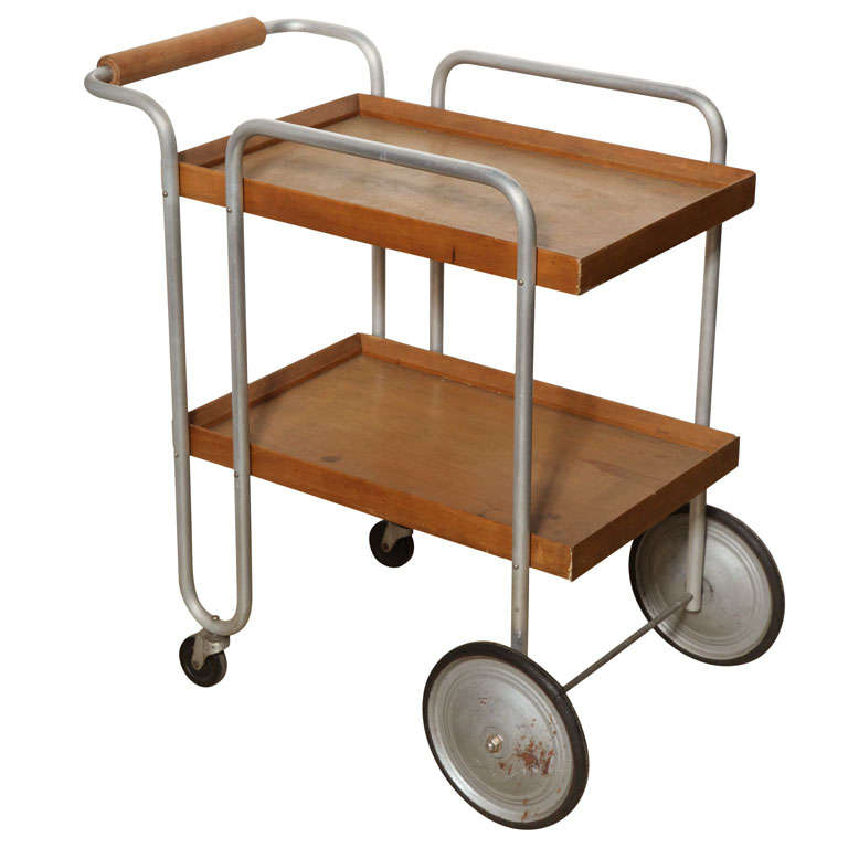1930s, Bauhaus Birch and Aluminum Rolling Two-Shelf Beverage Serving Cart