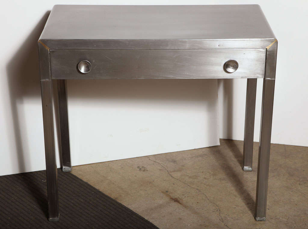 Classic Simmons Industrial piece with 1 drawer and paint removed. Sleek with clean lines. Also good as Vanity, small Sofa or HDTV Table
