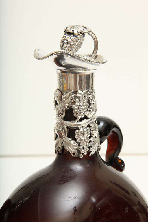 British Pair of Sterling Silver Brown Glass Decanters with Grapevine Detail