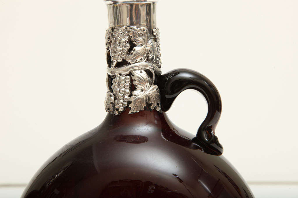 Pair of Sterling Silver Brown Glass Decanters with Grapevine Detail In Excellent Condition In New York, NY