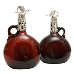 Pair of Sterling Silver Brown Glass Decanters with Grapevine Detail