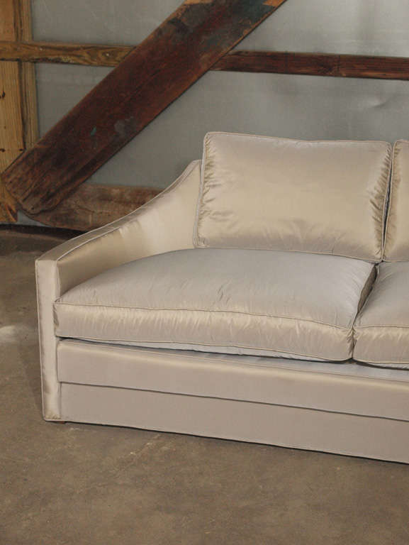 American Glamorous Mid Century Modern Sofa in Silver Silk Taffeta & Down