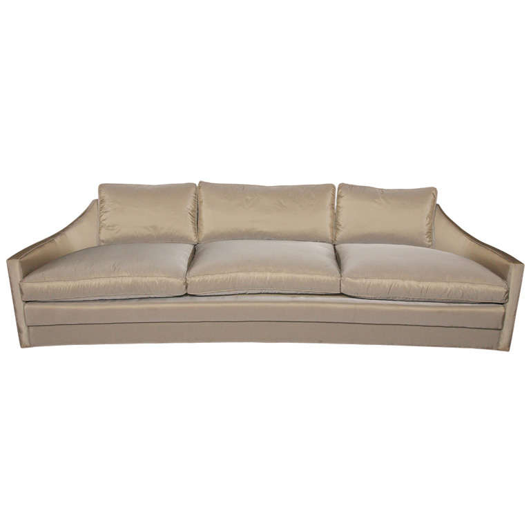 Glamorous Mid Century Modern Sofa in Silver Silk Taffeta & Down