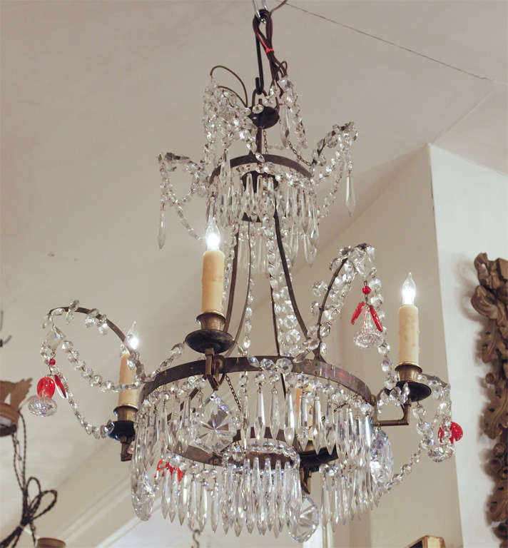 Small French Bronze And Crystal Fixure With Ruby Glass Leaves