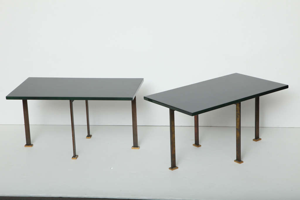 Unique pair of lacquered side tables with patinated and gilt bronze legs by Maison Leleu.

Original Beka lacquer by Saïn et Tambuté.

Numbered: 33480, 33841.

These tables were designed in 1963 as a special commission for the Hass residence on