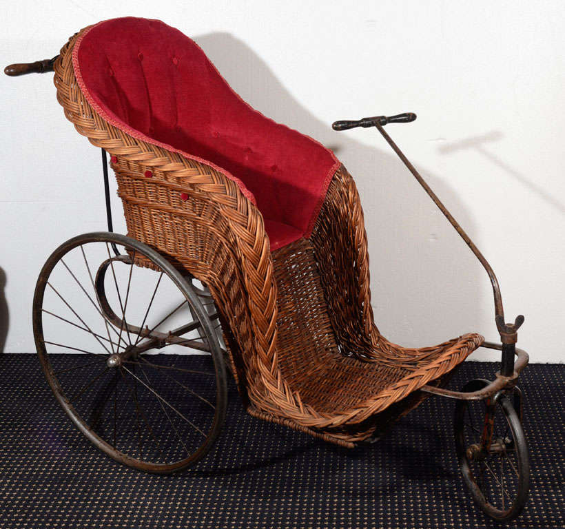 English Victorian Wicker Pram with Upholstered Seat