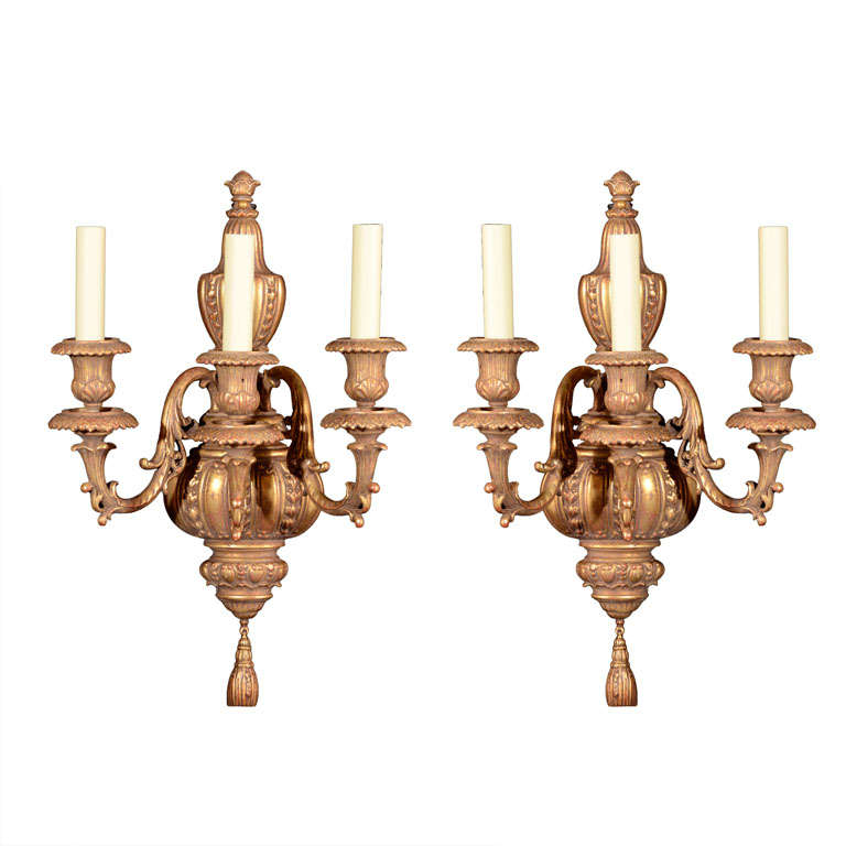 Gilt Bronze Three Light Sconces by E.F. Caldwell For Sale