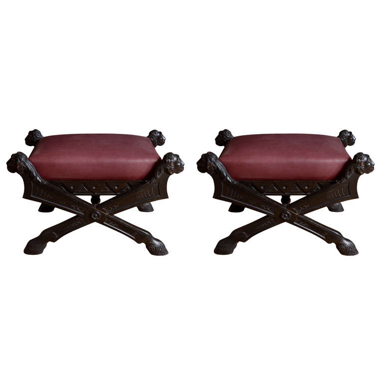 Pair of 1940's Spanish ebonized stools in the Regency style