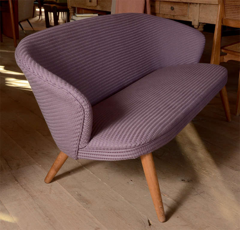 Sleek and perfectly proportioned midcentury Danish Setee newly re-upholstered in a Purple Knoll Proenza Schouler fabric.