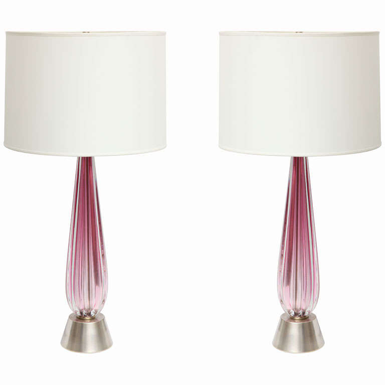 A Pair of 1950's Rose Italian Art Glass Table Lamps by Seguso