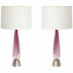 A Pair of 1950's Rose Italian Art Glass Table Lamps by Seguso