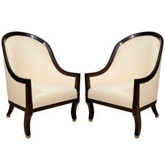 Pair of Upholstered French Armchairs with Curved Backs and Seats, circa 1950