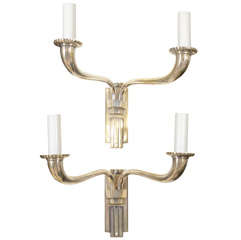 Pair of silver plated bronze Art Deco two light sconces
