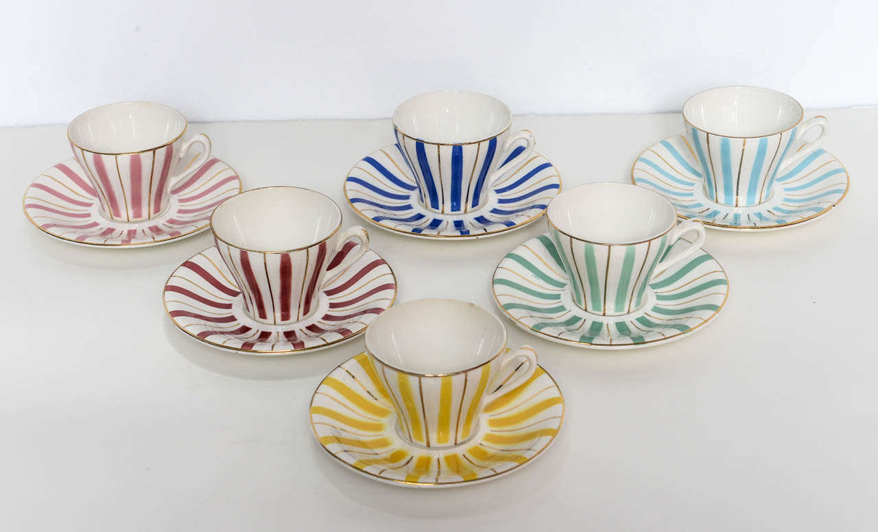 Set of 6 different color of Antique French Art-Deco cafe cup and saucer porcelain set, marked Digoin France. Blue, light green, yellow, royal blue,red, pink with gold pattern. 
coffee cup (h. 2.1/2