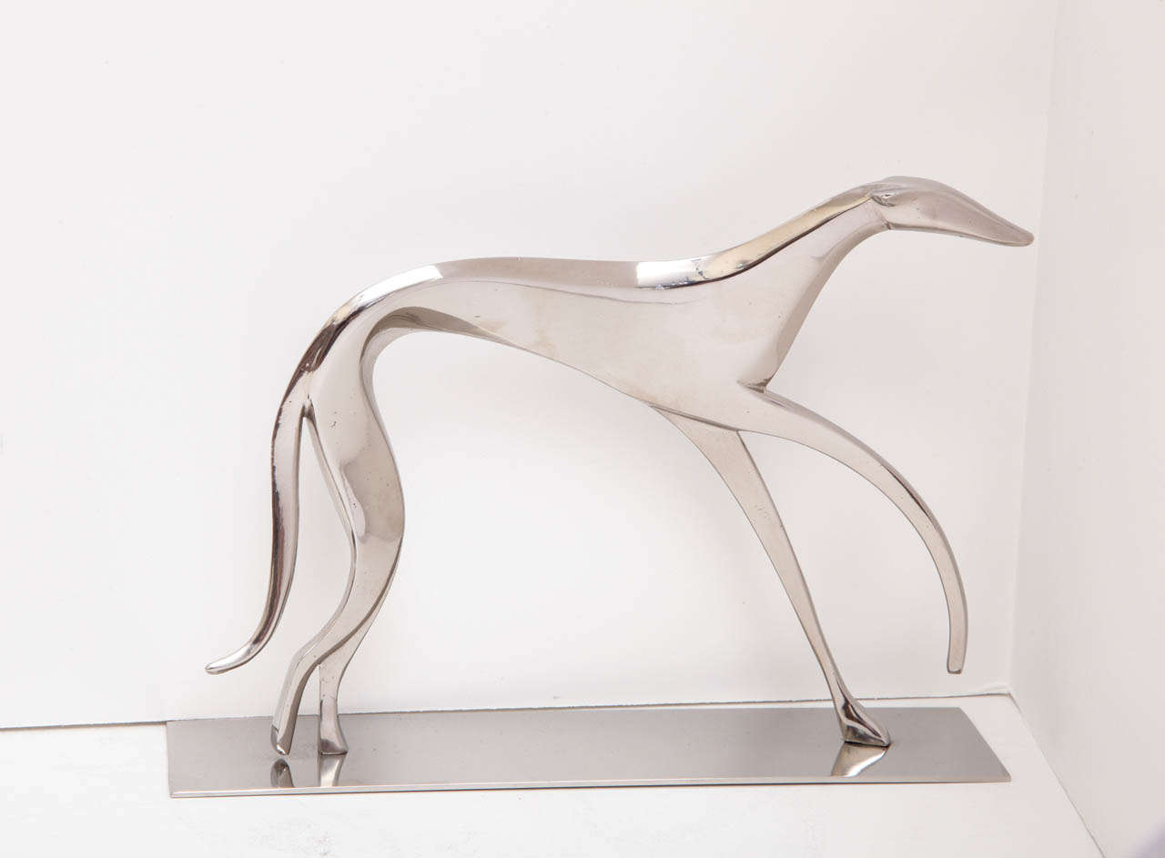 A sleek Art Deco nickel-plated bronze sculpture depicting a greyhound by Hagenauer. Marked 