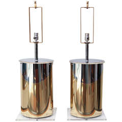 Pair of Chrome and Brass Lamps with Lucite Base