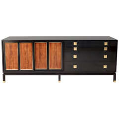 Long Ebonized Walnut and Rosewod Cabinet with Brass Accents by Harvey Probber