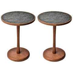 Stylish Pair Marshall Studios Walnut 
Tile Pedestal Tables