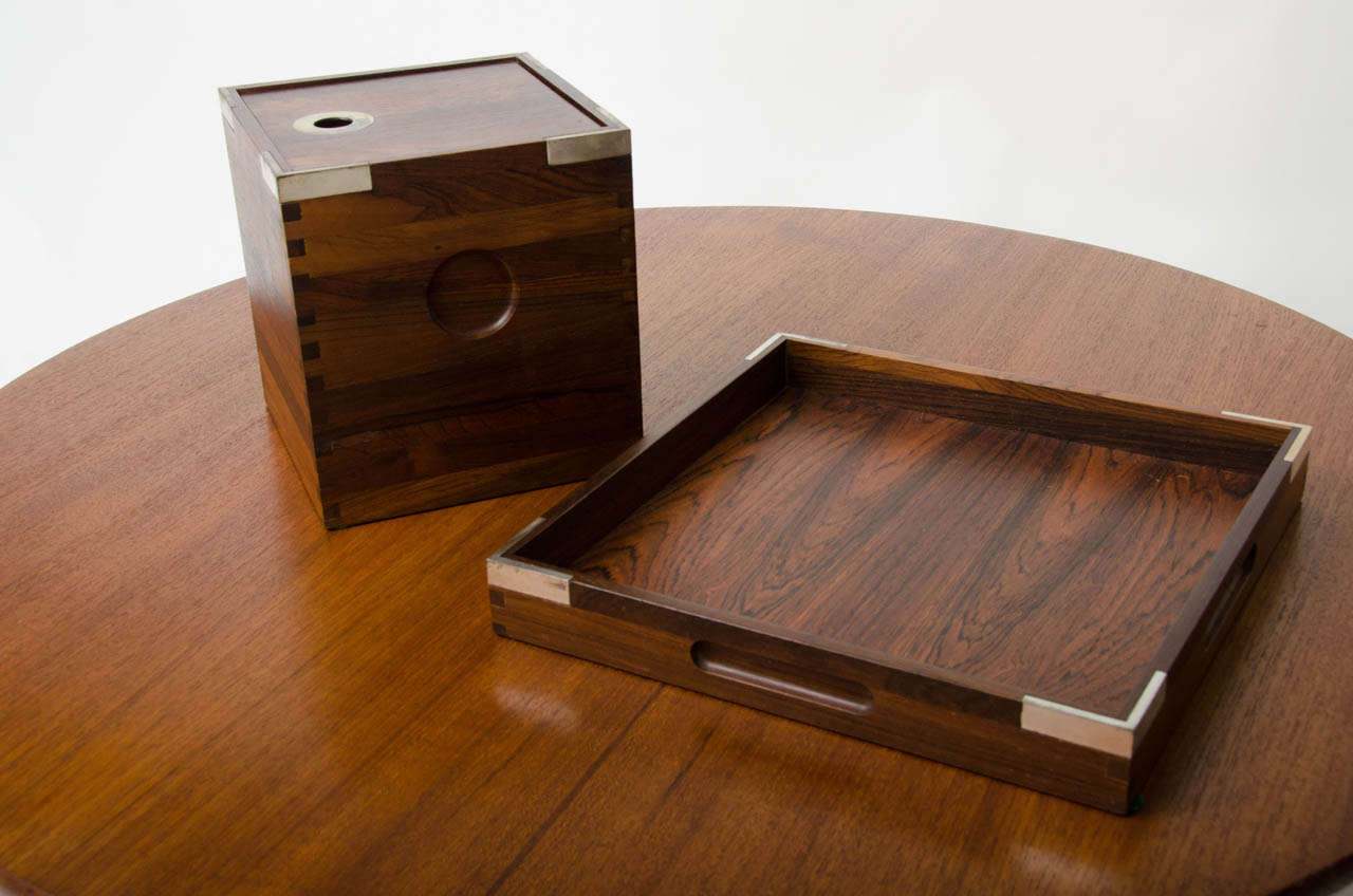 Danish Nissen Rosewood & Silvered Metal Tray & Ice Bucket.  Holiday Perfect. For Sale