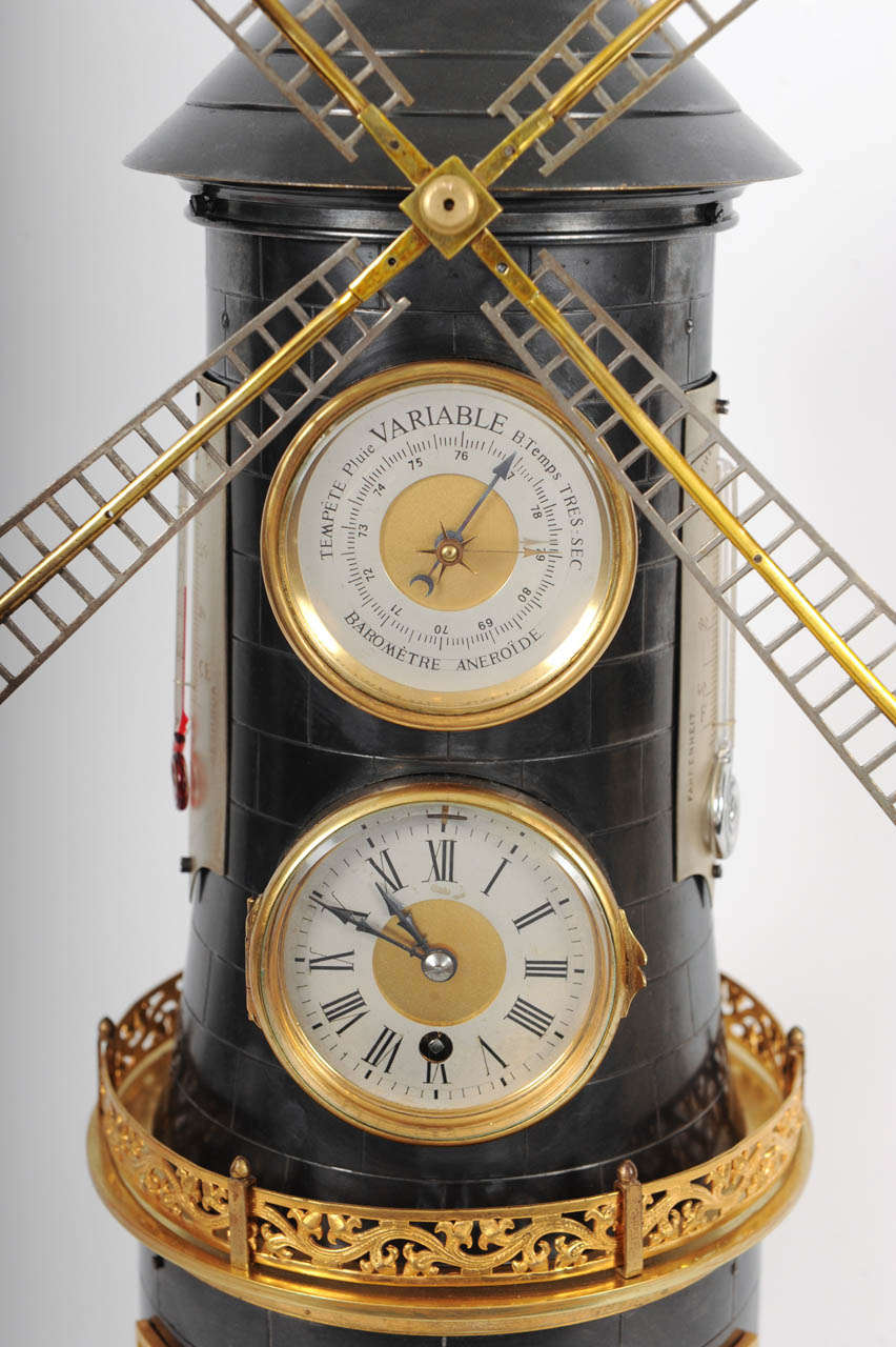 French An Extremely Rare 'Pendule Industrial' in the Shape of a Wind Mill with Automaton, Barometer and 2 Thermometers circa 1880 For Sale