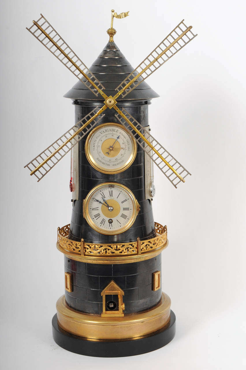 19th Century An Extremely Rare 'Pendule Industrial' in the Shape of a Wind Mill with Automaton, Barometer and 2 Thermometers circa 1880 For Sale