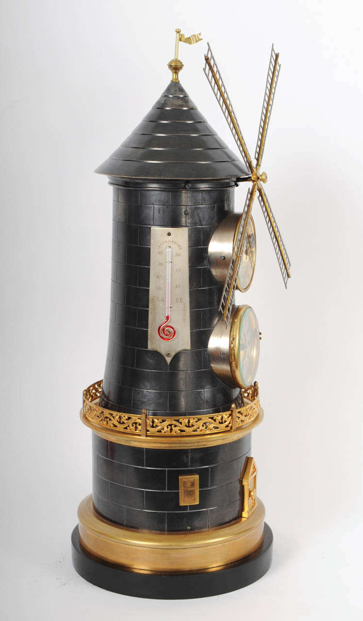 An Extremely Rare 'Pendule Industrial' in the Shape of a Wind Mill with Automaton, Barometer and 2 Thermometers circa 1880 For Sale 1