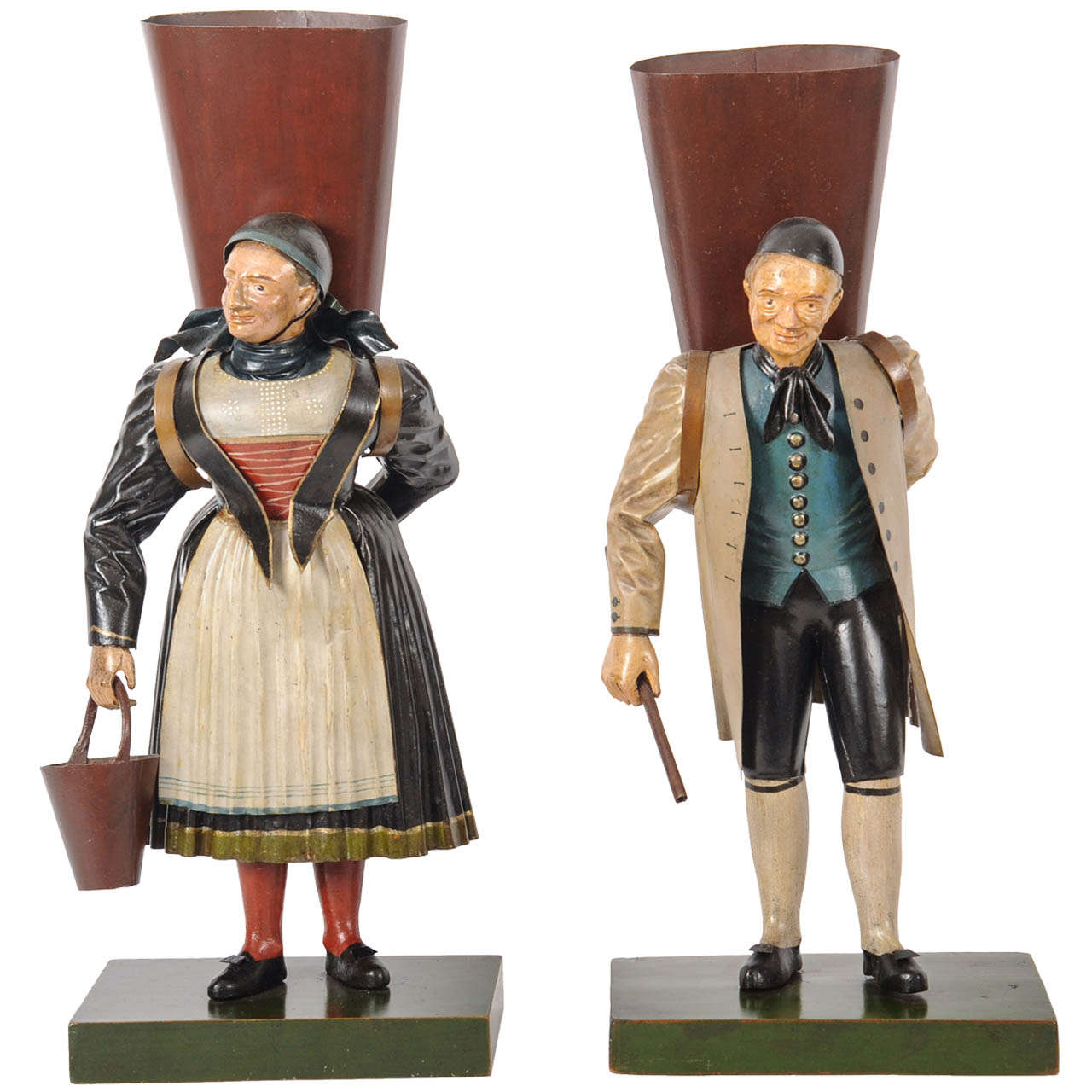 A pendant pair of German Black Forest polychrome metal figures, circa 1840 For Sale