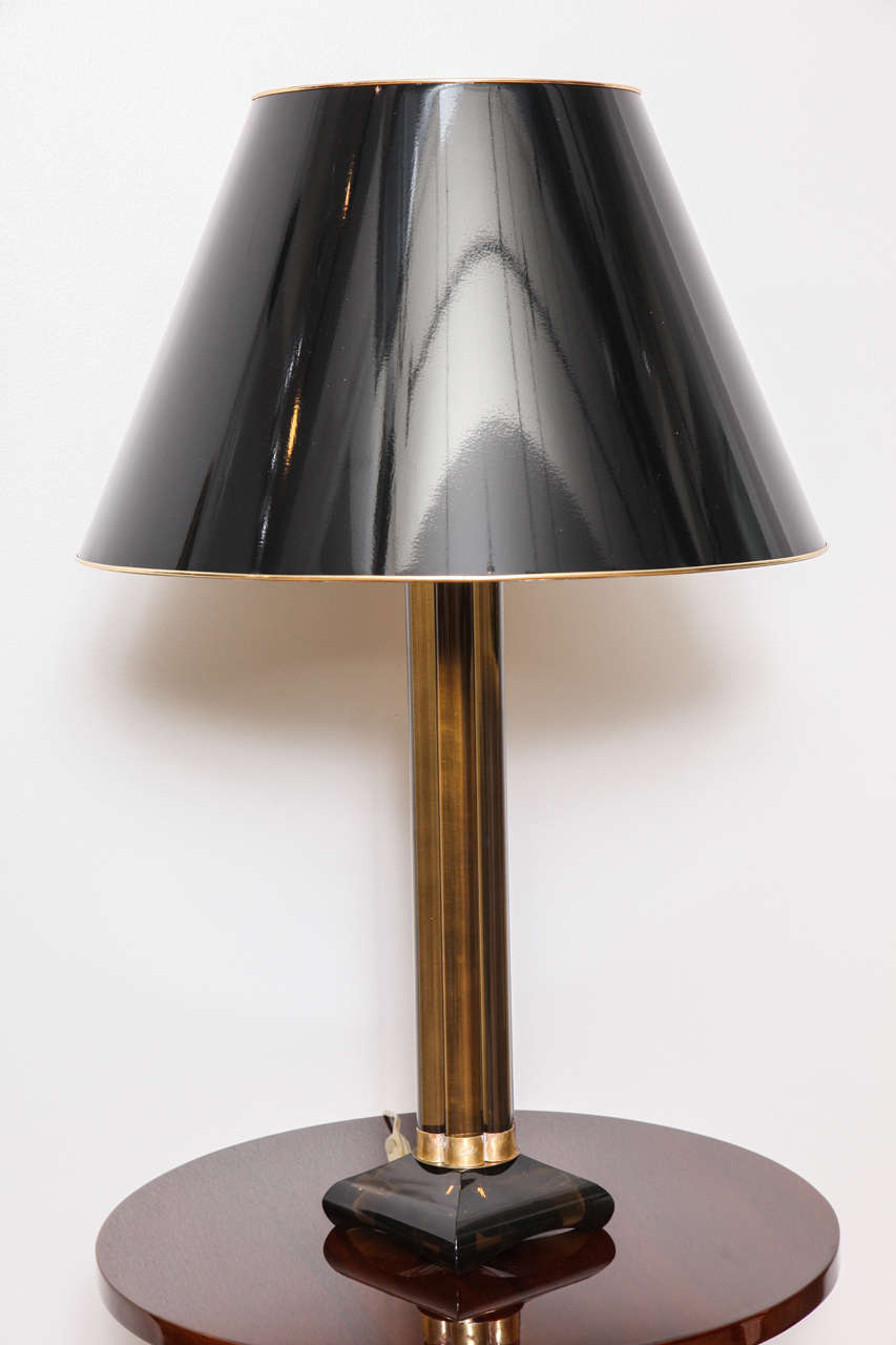 A pair of deco Murano table lamps with smokey topaz color solid glass rods and original bronze accents. Custom black abat-jours. Each lamp base is 6.5