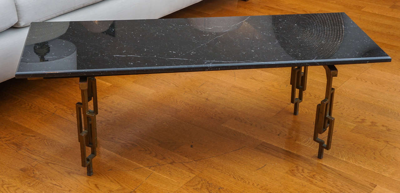 vintage metal cocktail table, with handsome, nero, marquina marble top.