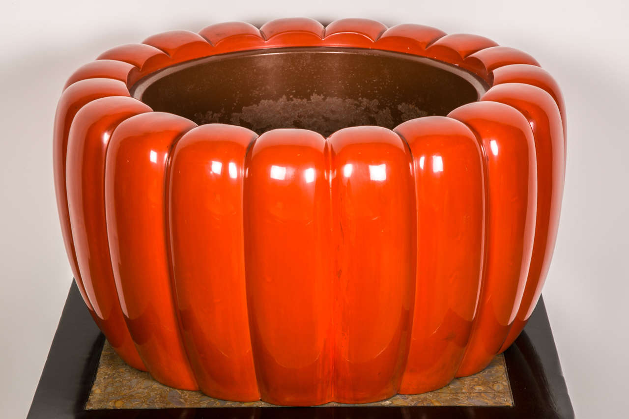One Japanese red lacquer chrysanthemum shape hibachi with copper inside, circa 1930.