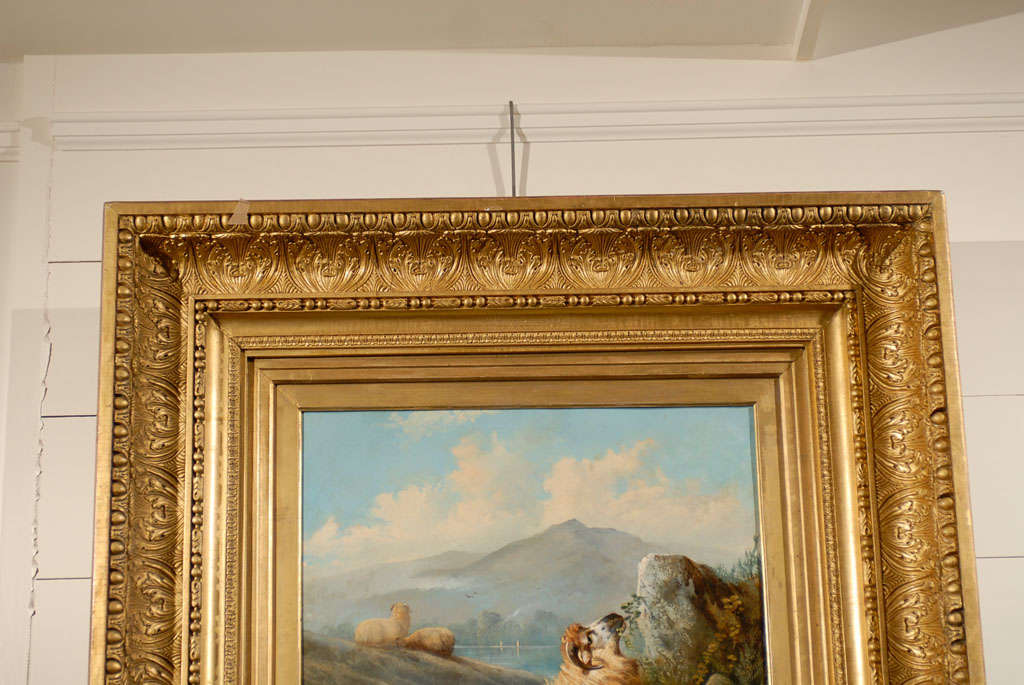 Anglais Peinture anglaise du XIXe siècle représentant un mouton dans un paysage, réalisée par I. John Morriss dans un cadre doré en vente