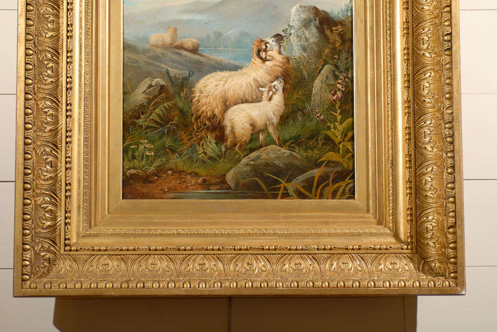 Toile Peinture anglaise du XIXe siècle représentant un mouton dans un paysage, réalisée par I. John Morriss dans un cadre doré en vente